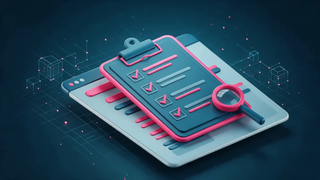 Ilustração 3D de uma prancheta com lista de verificação sobre uma página web