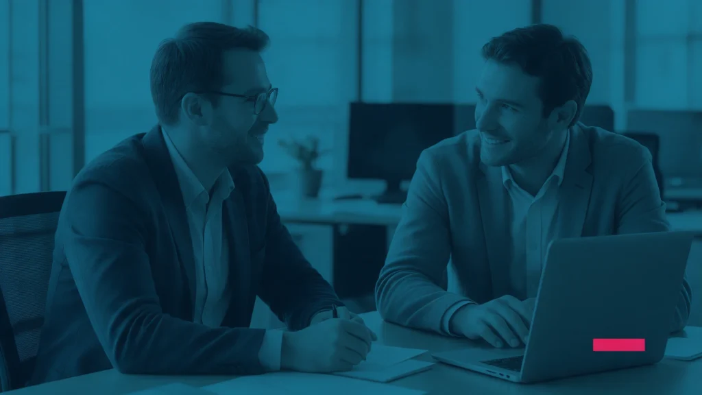 Consultor e cliente conversando diante de um notebook em um escritório