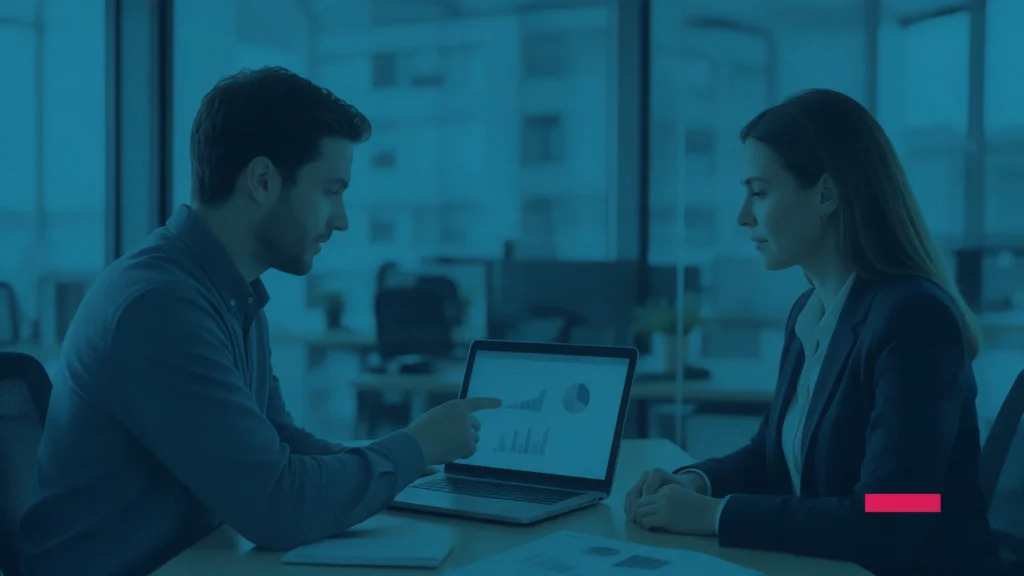 Consultor mostrando resultados de campanha em um notebook a uma empresária