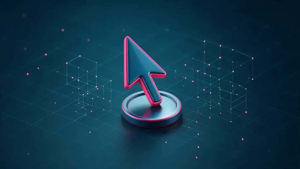 Ilustração 3D de um cursor de mouse sobre uma moeda