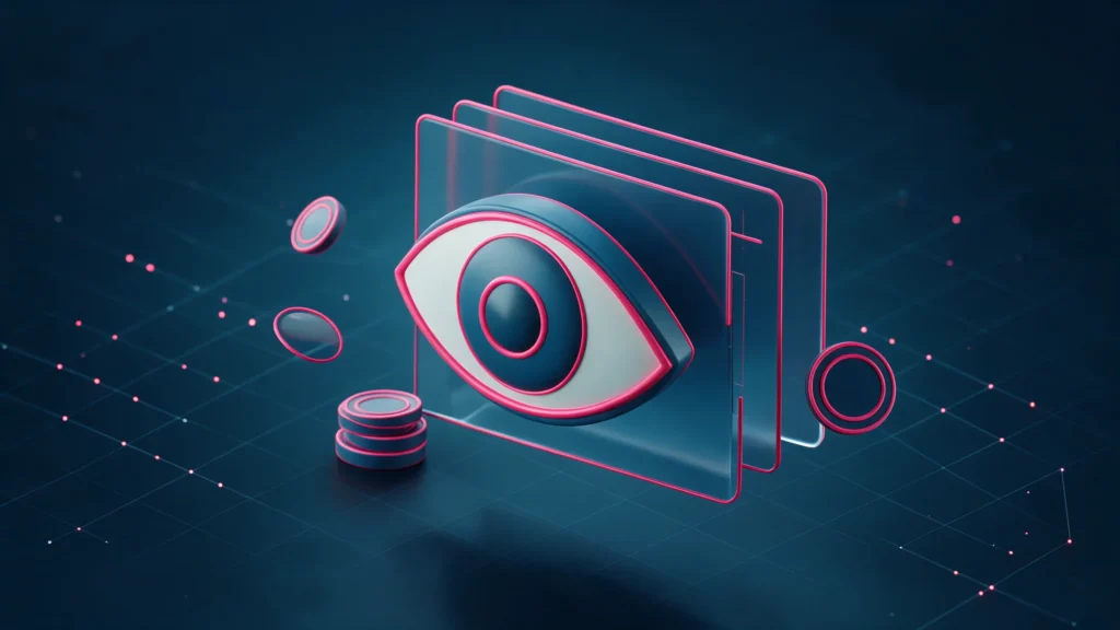 Ilustração 3D de um olho diante de telas translúcidas, com moedas ao lado