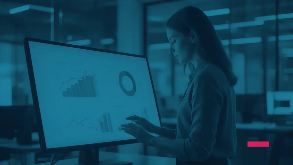 Gestora de marketing diante de um monitor grande com painel de gráficos