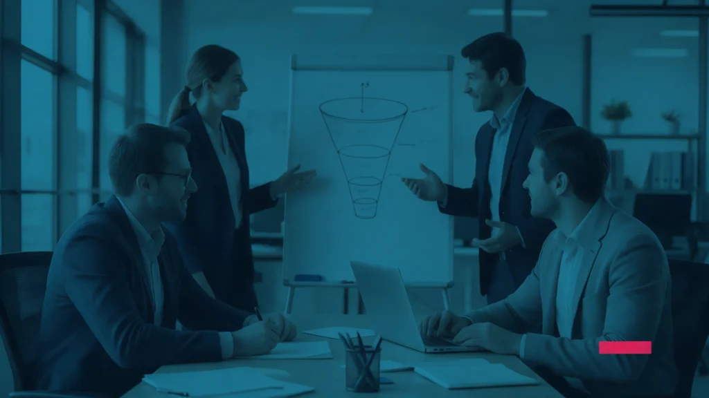 Equipe de marketing diante de um quadro branco com um funil desenhado