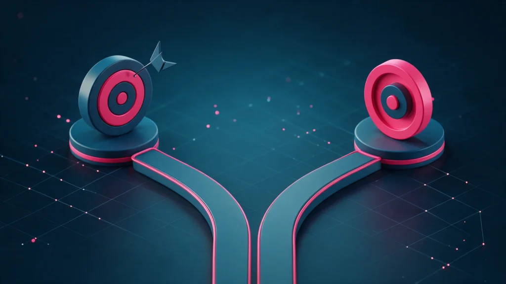 Ilustração 3D de dois caminhos que se separam e levam a dois alvos