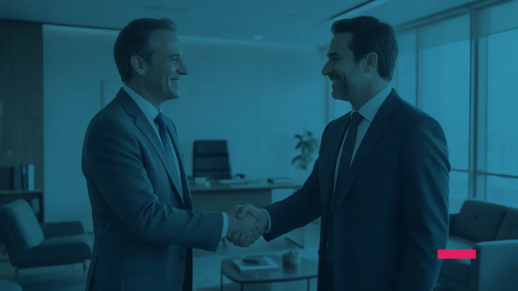 Dois executivos apertando as mãos em um escritório