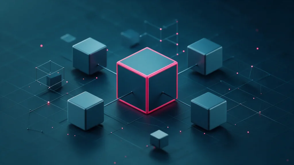 Ilustração 3D de cubos ligados a um cubo central em destaque