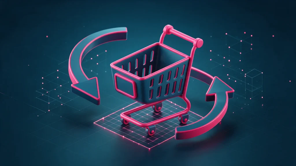 Ilustração 3D de um carrinho de compras com uma seta circular de retorno ao redor