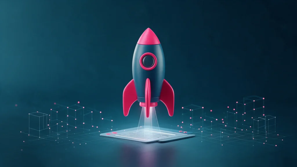 Ilustração 3D de um foguete decolando de uma página web