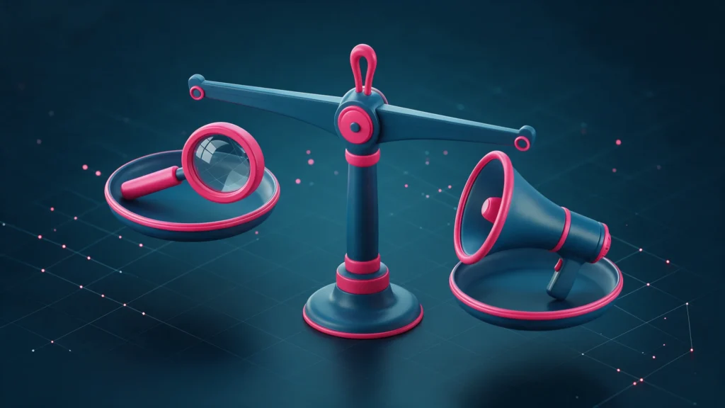 Ilustração 3D de uma balança com uma lupa em um prato e um megafone no outro