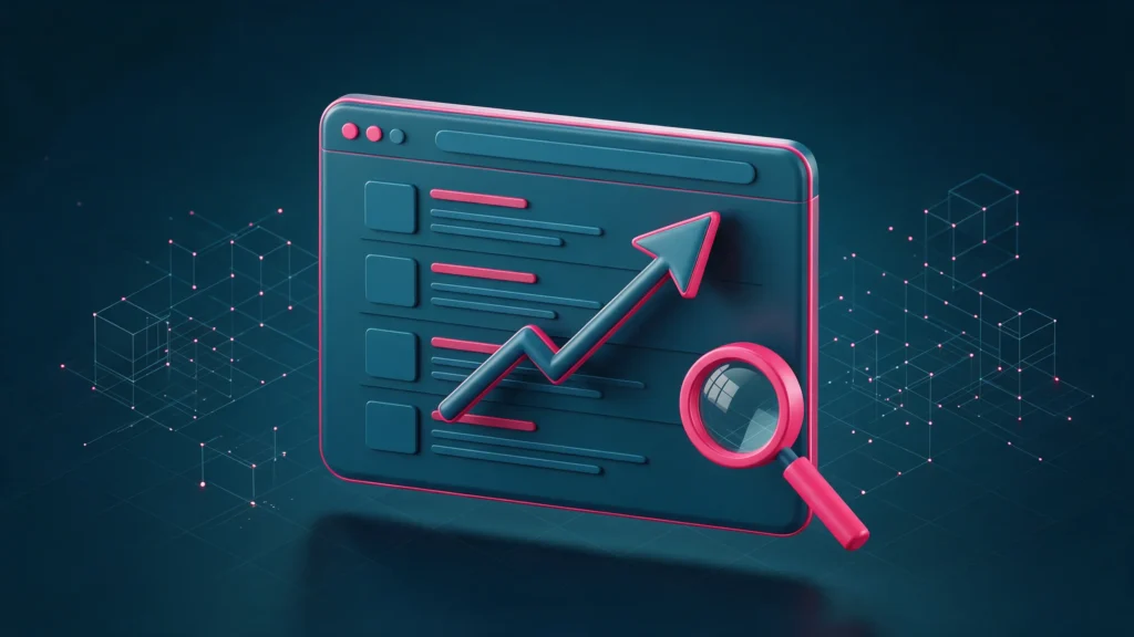 Ilustração 3D de uma janela de navegador com uma lupa e uma seta subindo até o topo de uma lista de resultados de busca