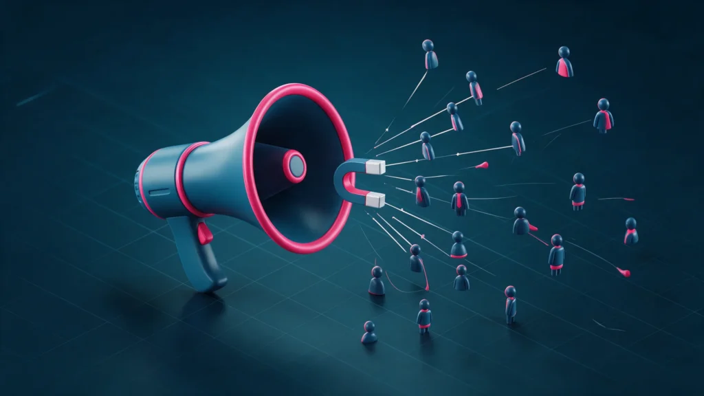 Ilustração 3D de um megafone com um ímã atraindo pequenas figuras de visitantes