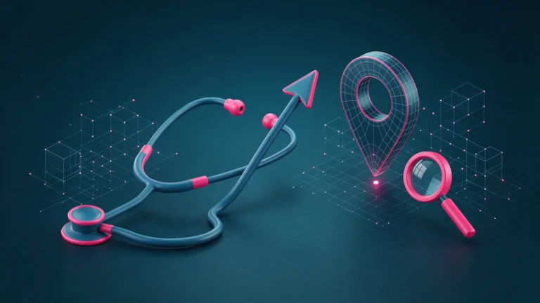 Ilustração 3D de um estetoscópio em forma de seta de crescimento, ao lado de um pin de localização e uma lupa, em azul-petróleo com detalhes rosa